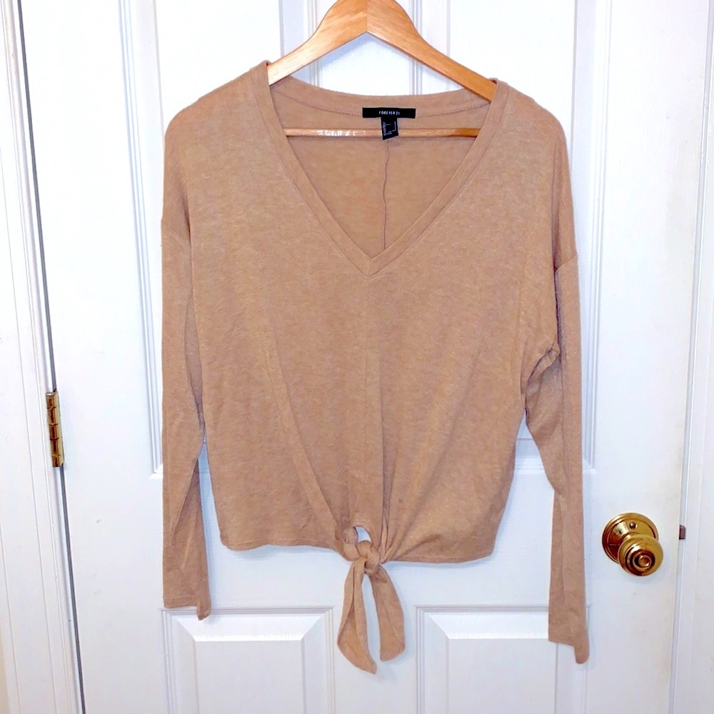 Beige/cream tie front long sleeve shirt